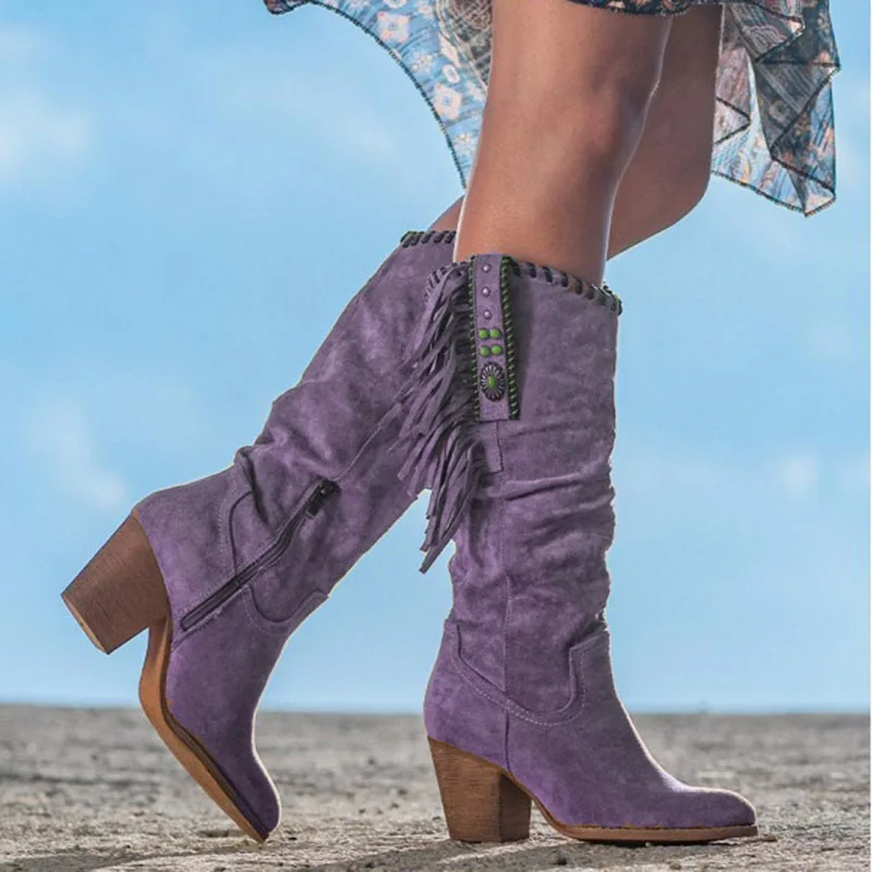Women High Boots Trend Retro Metal Buckle Pointed Toe Thick Heel 2026 Western Cowboy Boots Female Shoes Botas De Mujer