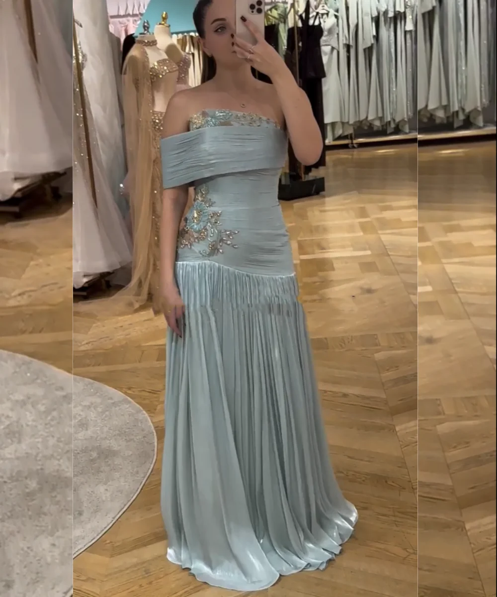 Customized High Quality Pleat Sequined Pattern A-line Off-the-shoulder Long Celebrity Evening Dresses Chinese Style