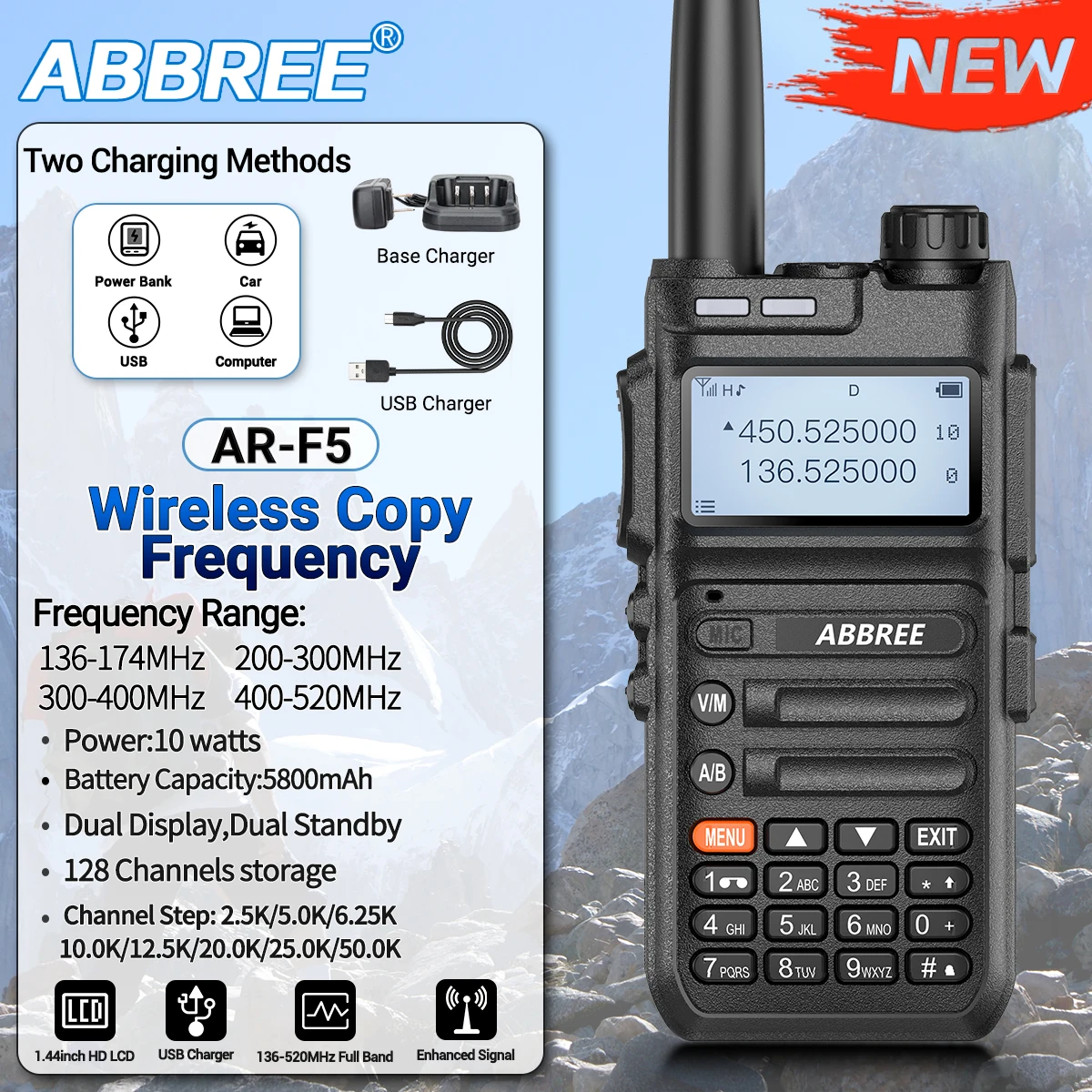 

ABBREE AR-F5 Wireless Copy Frequency NOAA Walkie Talkie Full Band Long Range USB Charger High Powerful Handheld For Travel