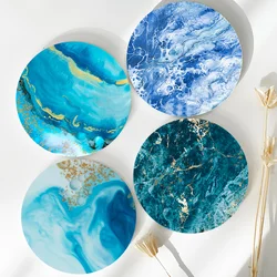 Enamel Coasters for Drinks Tabletop Protection Teal Marble Pattern Round Absorbent Enamel Stone Coasters Set with Cork Base