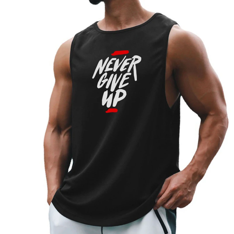 NEVER GIVE UP Summer Quick Dry Fitness Tank Tops Mens Mesh Gym Clothing Loose Basketball Vest Running Sports Sleeveless T Shirt