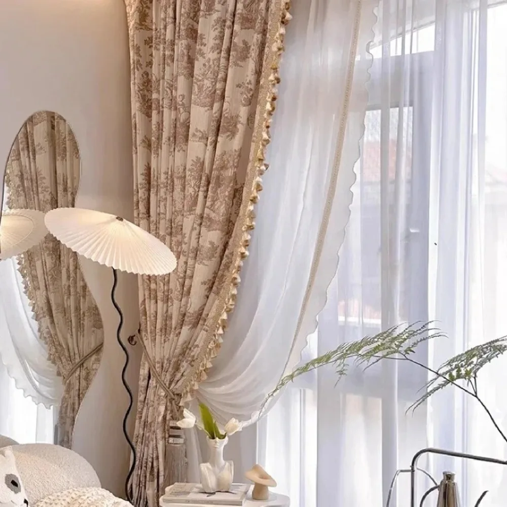

Retro Cream Jacquard Curtains with Tassel Lace Trim Custom Tulle Drapes for Balcony French Window Living Room Bedroom Vintage