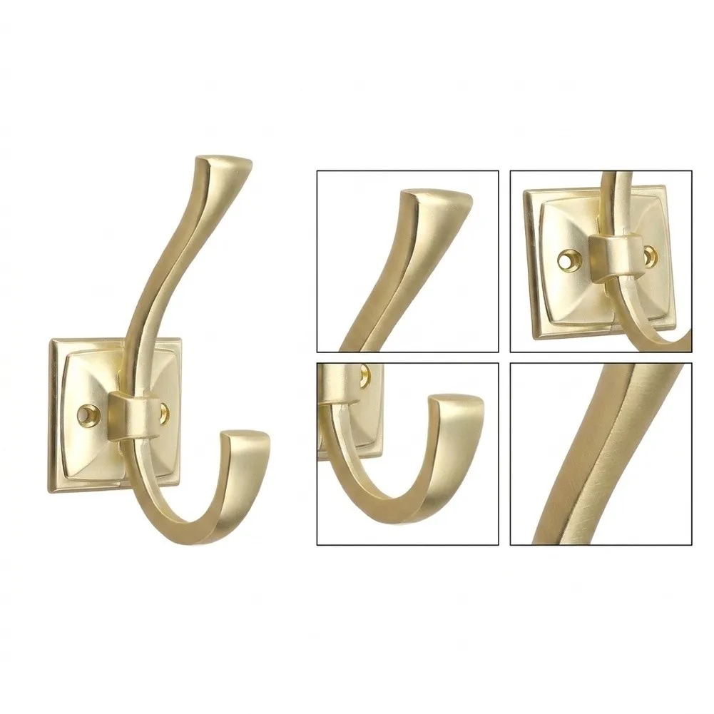 Zinc Alloy Dual Prong Coat Hooks Brushed Satin Gold for Modern Home Decor 2.81 Inch Projection 0.94 Inch Hole Center Distance