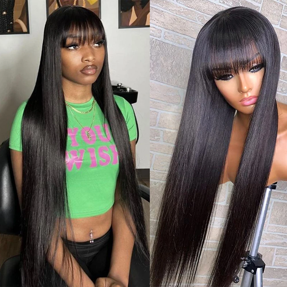 

Human Hair Wigs with Bangs 36 Inches Full Machine Made Hair Wig Bone Straight 250 Density Glueless Wig Human Hair Non Lace Wig