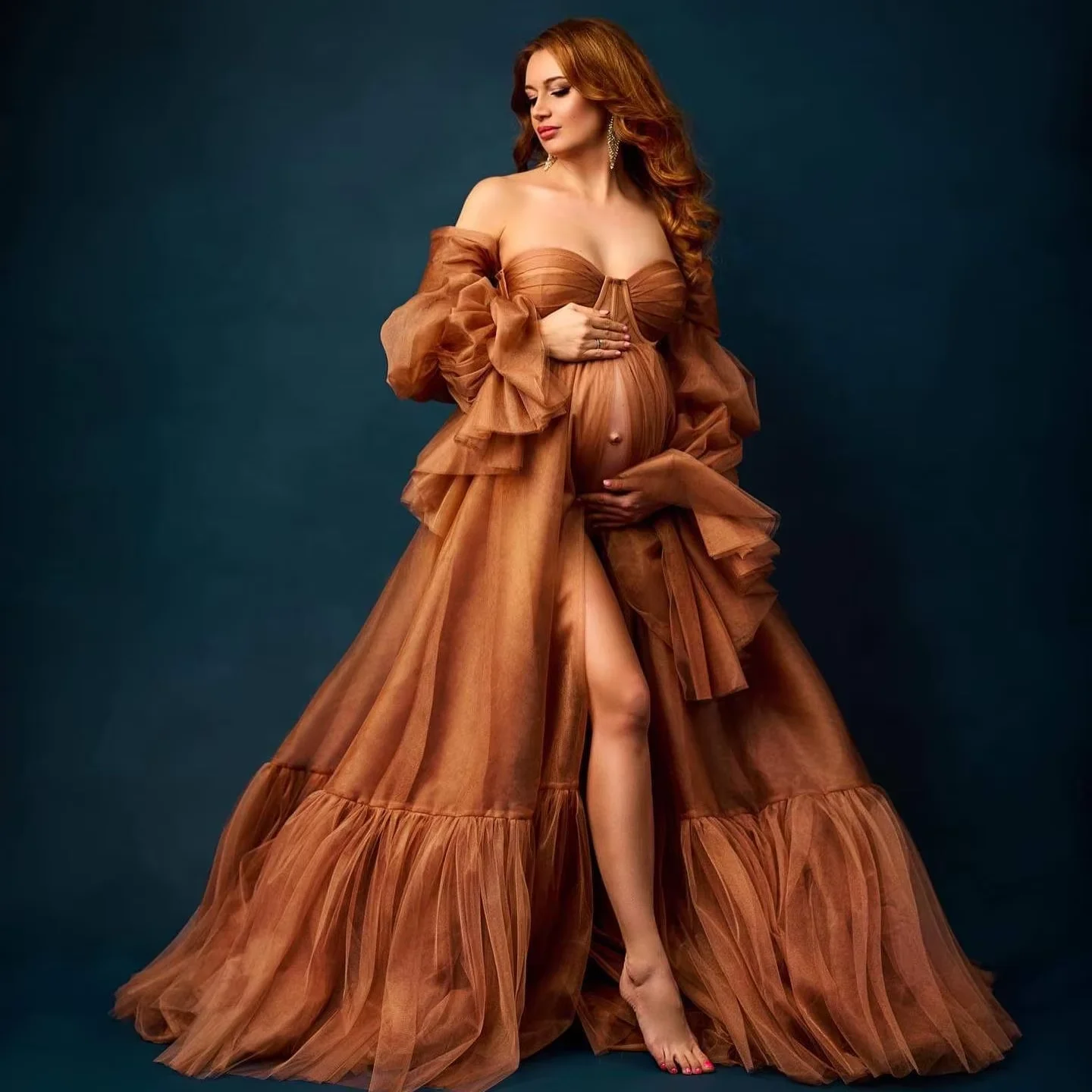 

Brown Maternity Dresses for Pregnancy Photo Shoot Long Sleeve Girls Babyshower Dresses Bathrobe Vestido for Pregnancy Customized