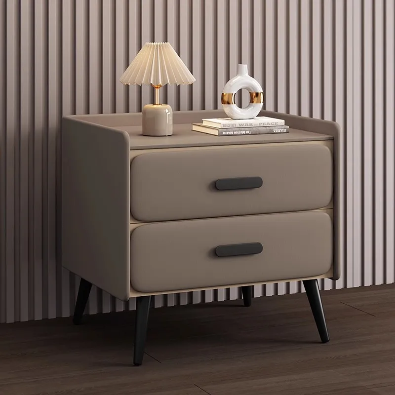 

Modern Style Wooden Bedside Table, Faux Leather Bedroom Nightstand, Storage Cabinet with 2 Drawers, Hotel End Table