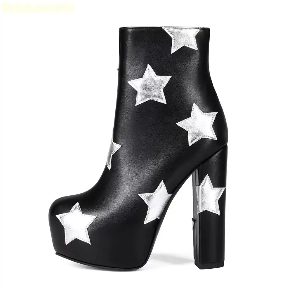 

Women's Fashion Pu Leather Boots Star Stitching Platform Block Heel Ankle Boots Black Round Toe Side Zipper Classic Ankle Boots