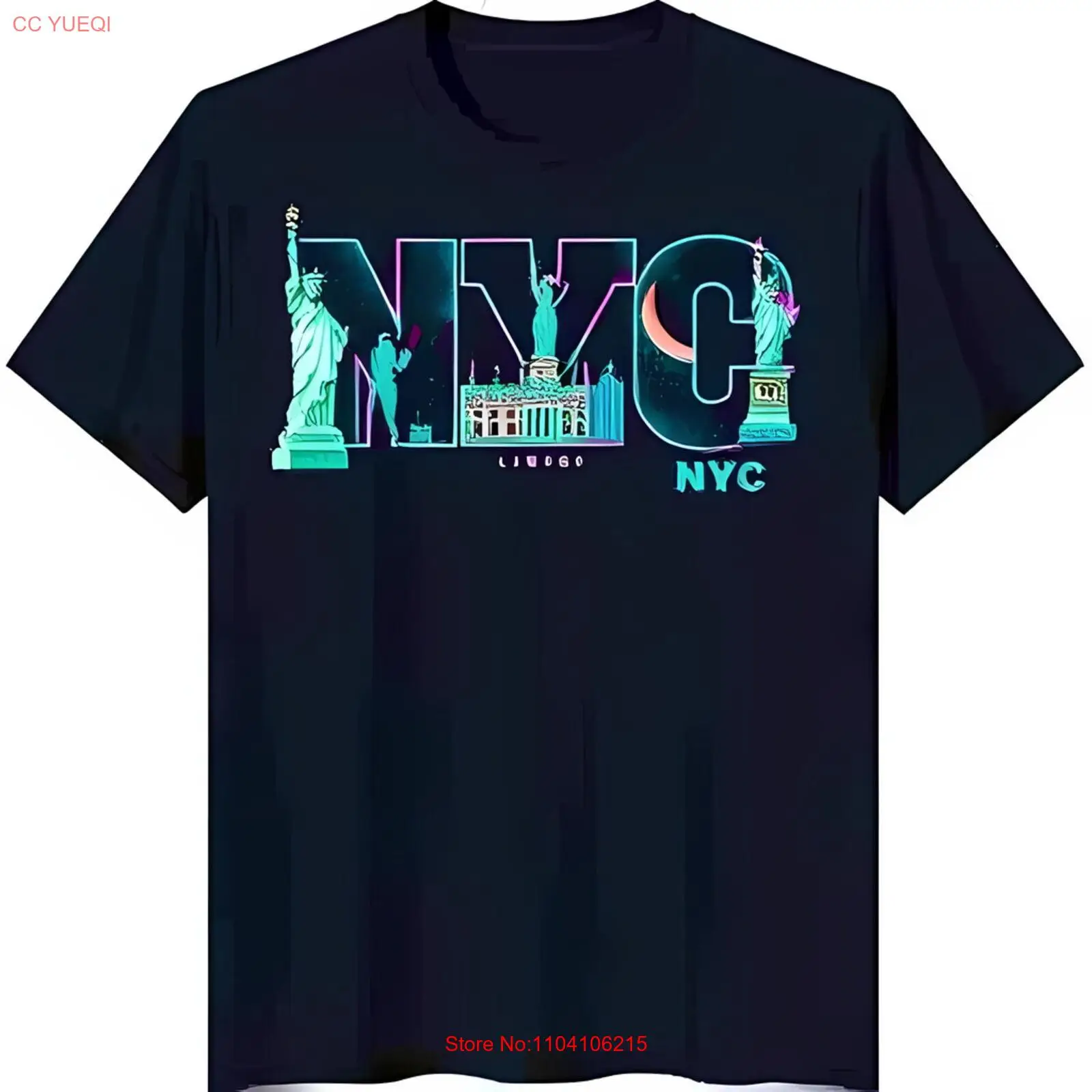 

Красочная футболка с рисунком NYC и конструкция здания на темно-синей футболке