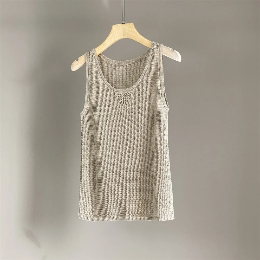 2025 Primavera/Estate Nuova canotta senza maniche lavorata a maglia versatile in cotone e lino tinta unita per donna