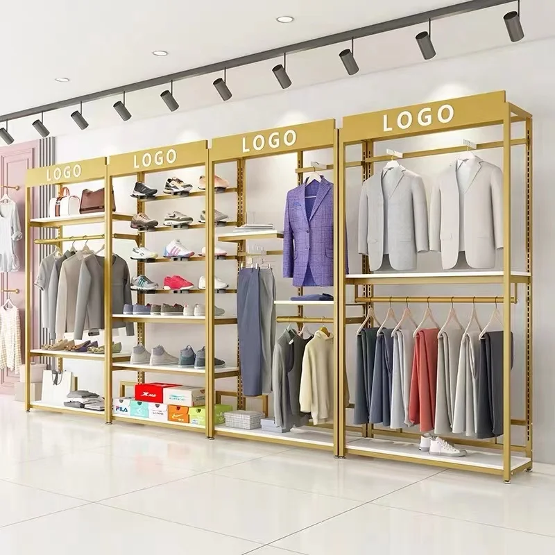 

customized.Retail Metal Garment Rack With Wood Shelves Men Clothes Hanging Stand Boutique Display Racks Clothing Store