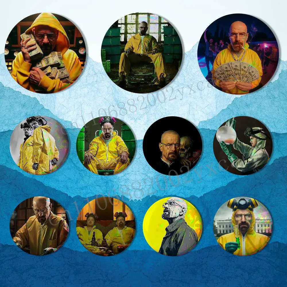 

cool Walter White Breaking Bad Reflective Pin Tinplate Round Brooch Cartoon Cosplay Badges for Bag Hat Toys Gifts