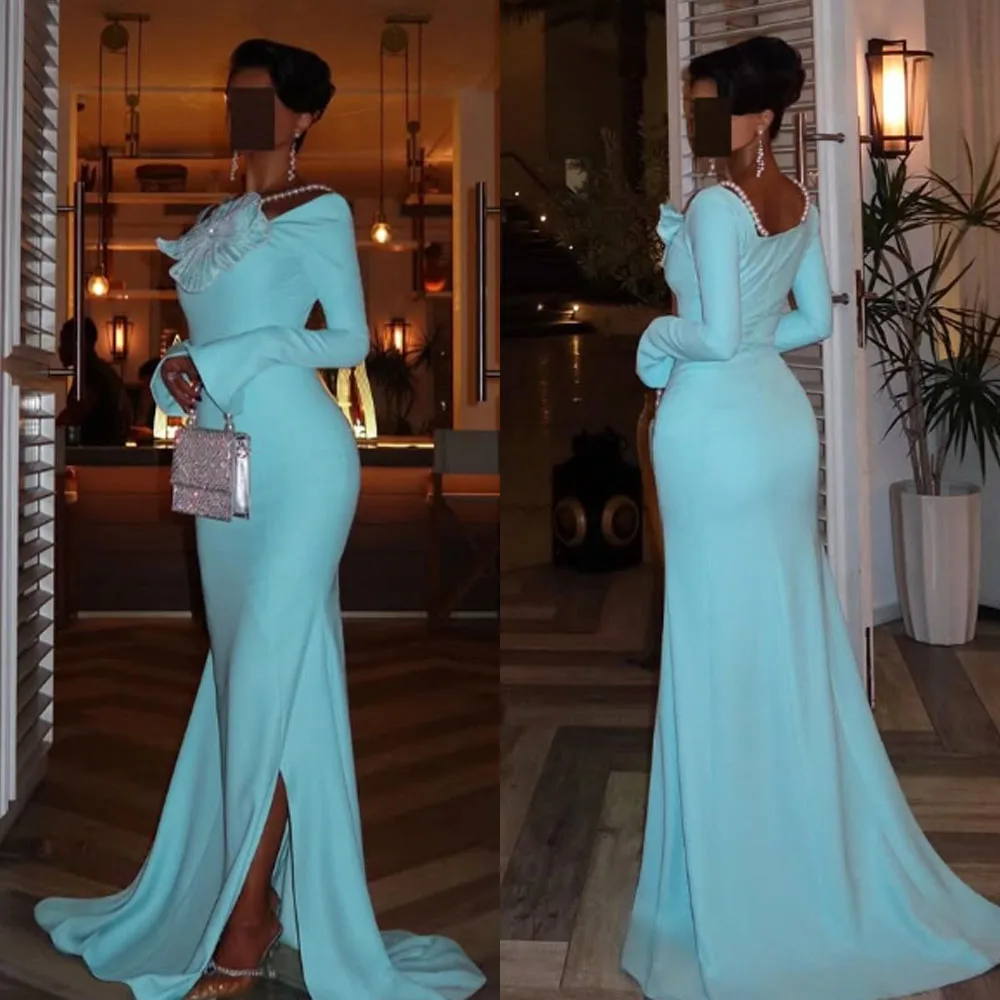 

Customized High Quality Full Sleeves Backless Floor Length Sweep Train Blue Beaded Flower Women Gold Dress for Birthday Party