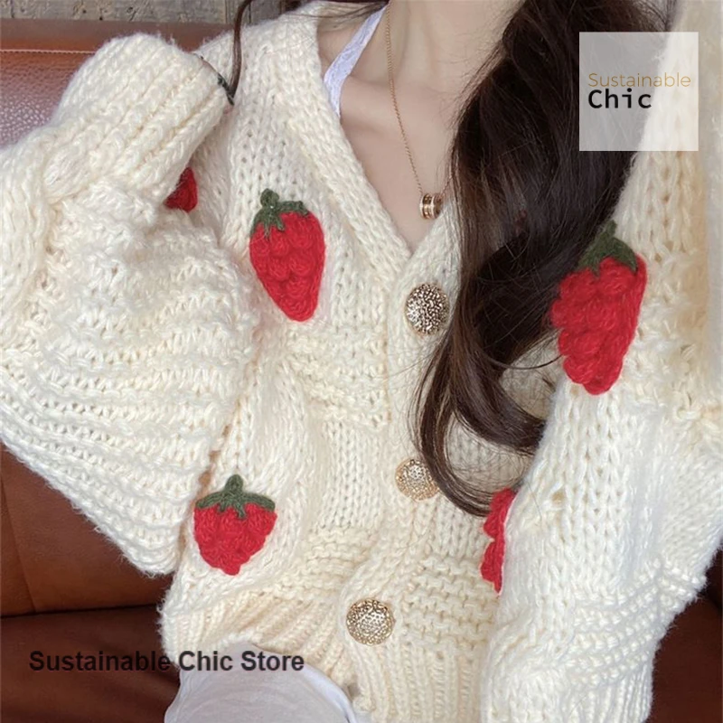 

French style sweet strawberry sweater soft waxy cardigan coat women's autumn and winter new loose V-neck thick wool knit top
