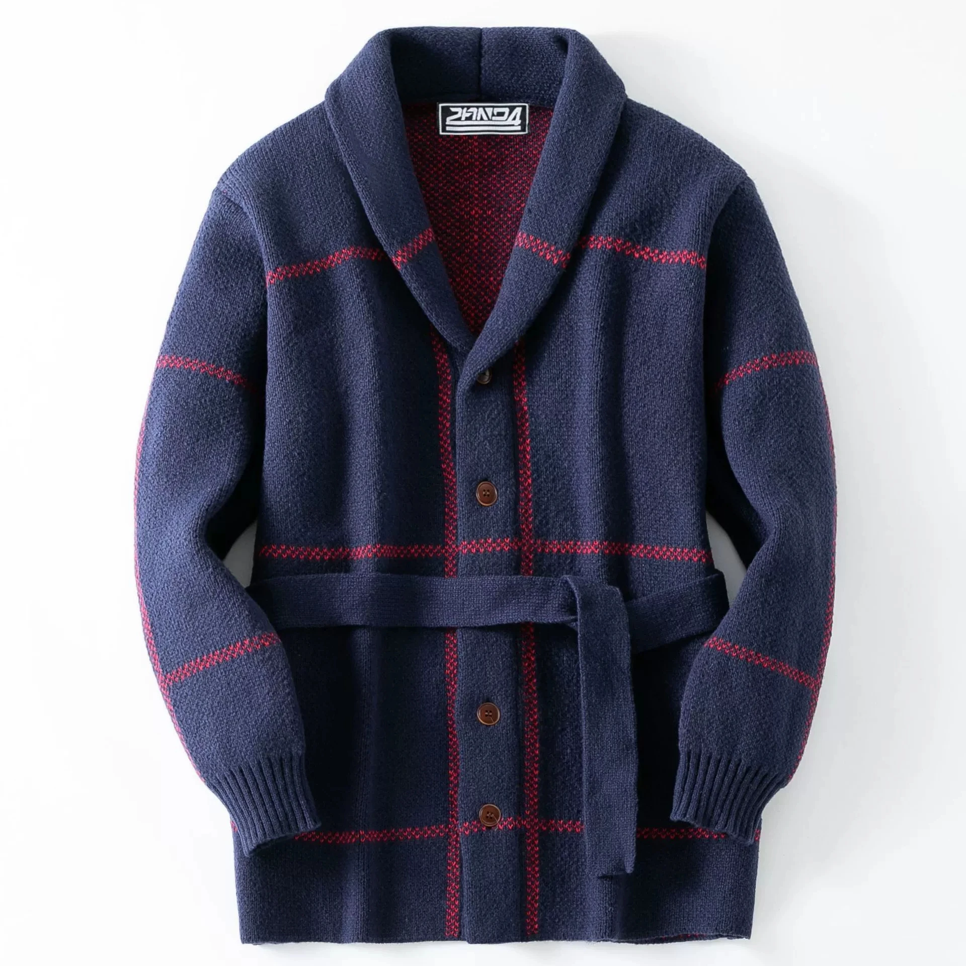 

Men's knitted sweater with elegant European and American style, retro lines, jacquard, thickened mid length cardigan sweater