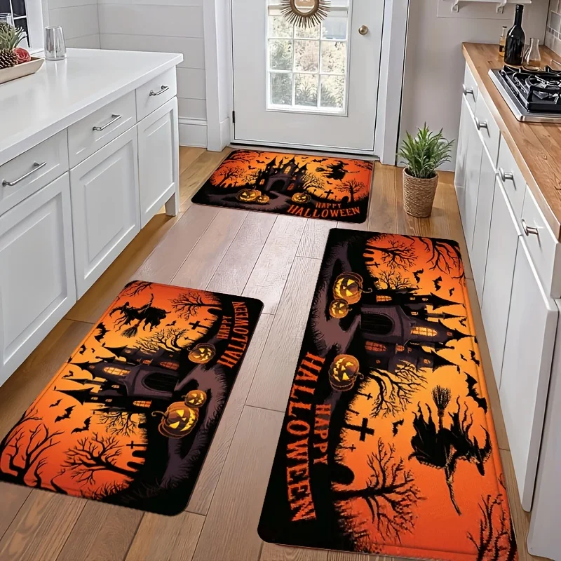 Happy Halloween Kitchen Rug Set Witch Haunted Castle Pumpkin Bat Print Indoor Kitchen Entry Decor Floor Mats