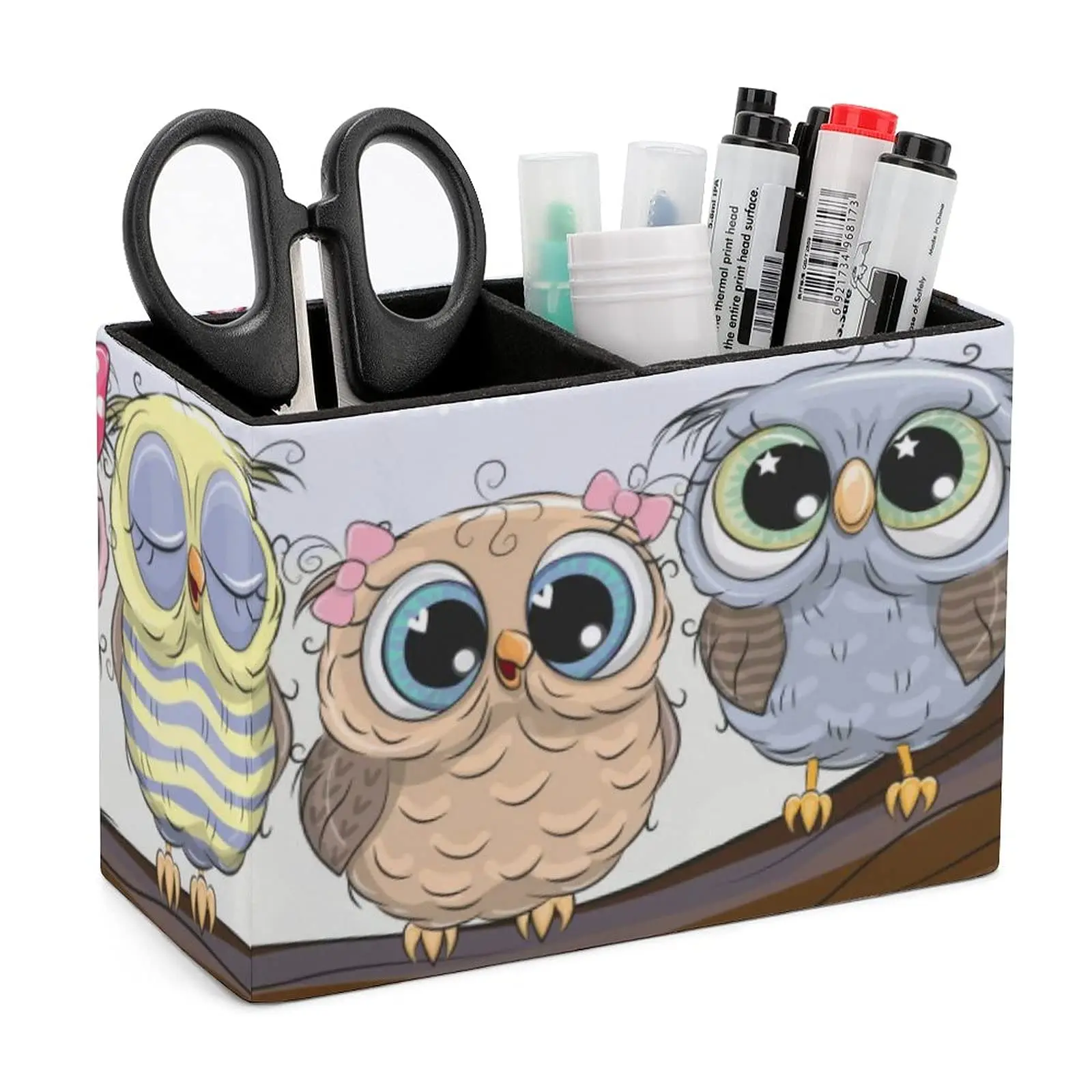 

Cute Owls PU Leather Pen Holder Fashion Storage Box Cosmetic Brush Holder Pen Stand for Home Office School Supplies Storage Box