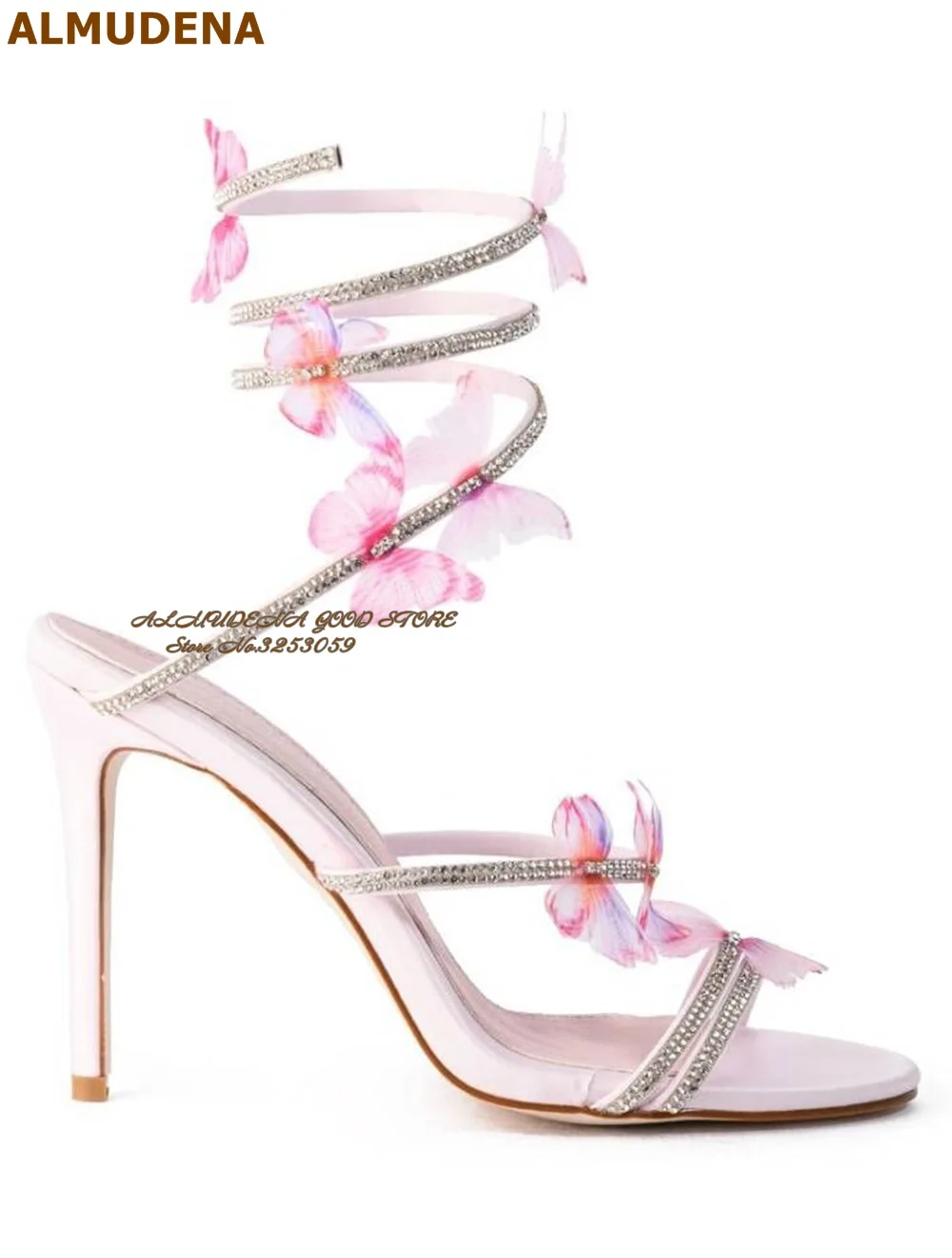 

ALMUDENA Pink Butterfly Flowers Wedding Shoes Silver Cyrstal Snake Strap Evening Pumps Bling Bling Stilettos Party Shoes