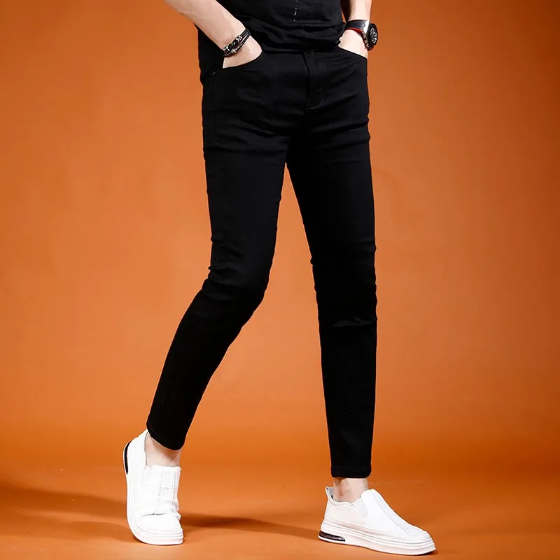 Summer Black Ankle-Length Pants Men Lightweight Jeans Streetwear Casual Solid Color Slim Fit Denim Trousers