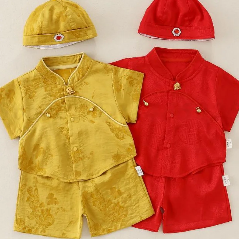 

Baby Traditional Chinese Tang Suit New Year Hundred Days One-Year-Old Outfit Photography Clothes Short Sleeve Shirt Shorts Set