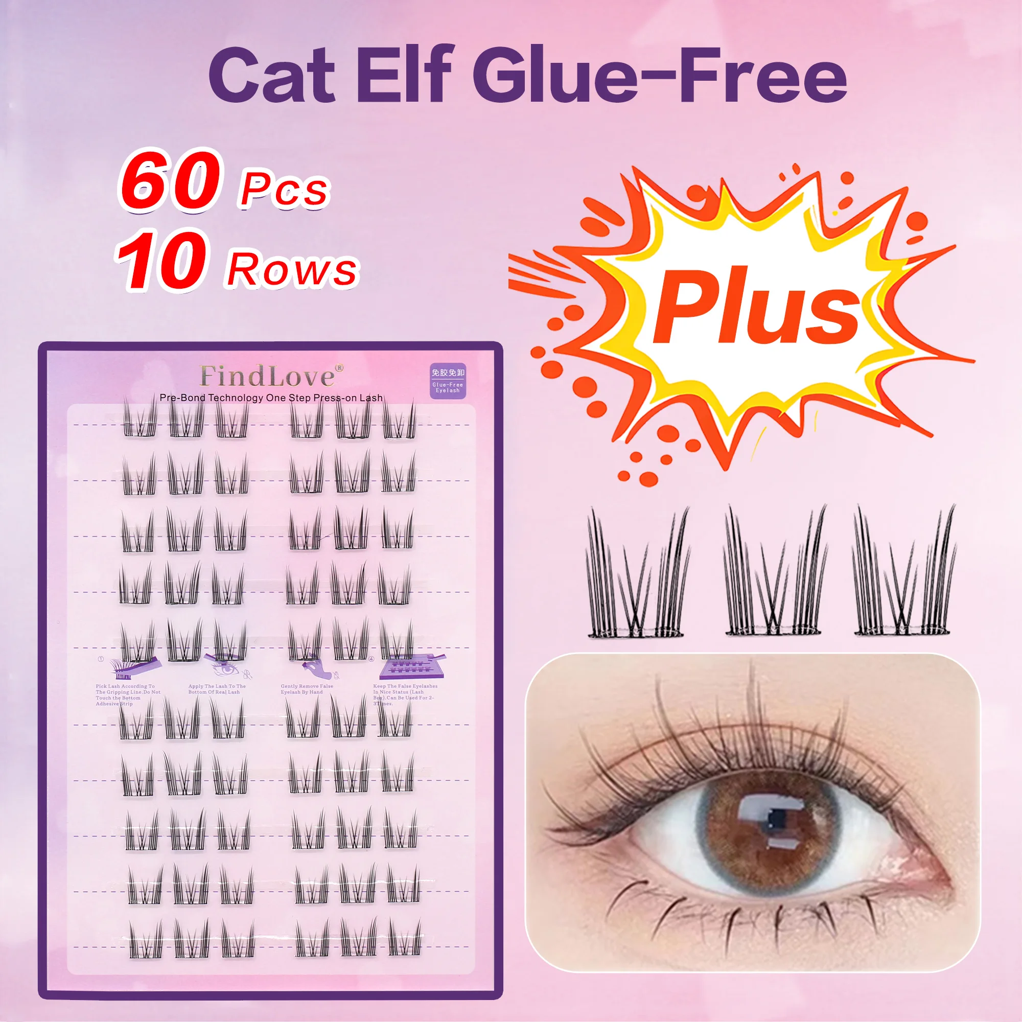 

60pcs Natual Cat Elf Pre bond No Glue Needed Self Adhesive Lashes with Adhesive Press on Lashes Pre Bond Lash Clusters at Home