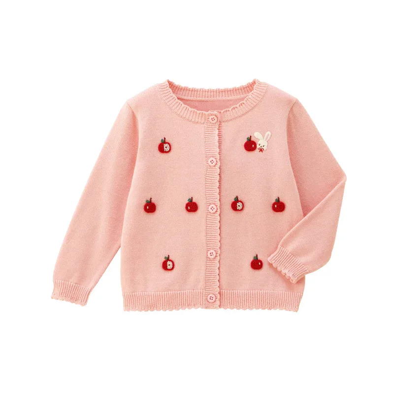 Korean Style Girls Knitted Cardigan Sweater  with Cute Cartoon Little Rabbit and Apple Embroidery for Spring and Autumn 90-130