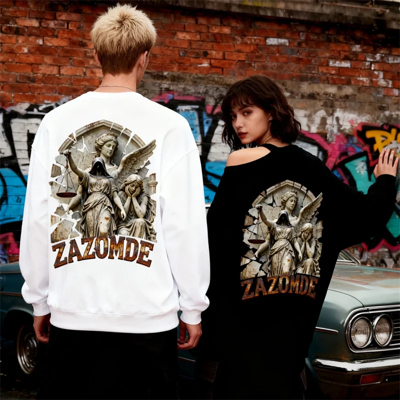 ZAZOMDE سويت شيرت قطني معاصر مطبوع عليه رسومات داكنة برقبة دائرية للجنسين تصميم حديث بسيط يسمح بمرور الهواء وناعم 2025 #1
