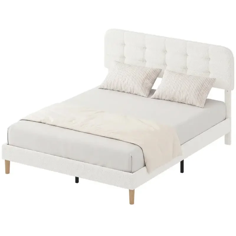 Cadre de lit 160x200cm avec sommier, tête de lit réglable, lit double rembourré en velours teddy, lattes en bois, blanc