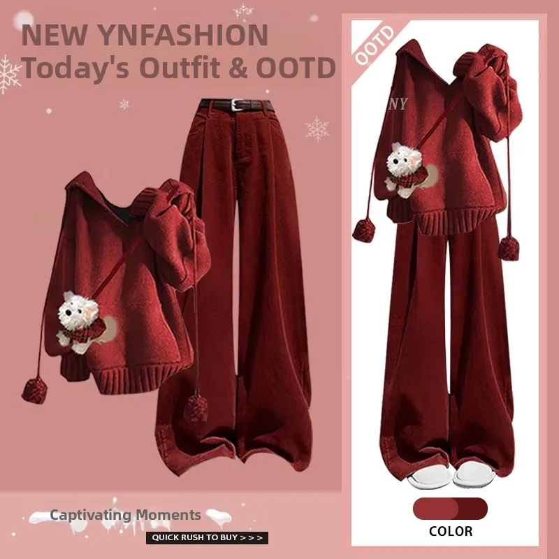 

New Year's Aosphere Red Knitted Sweater And Wide Leg Pants Two Piece Set Slimming Versatile Long Sve Hoodie Faionable ...