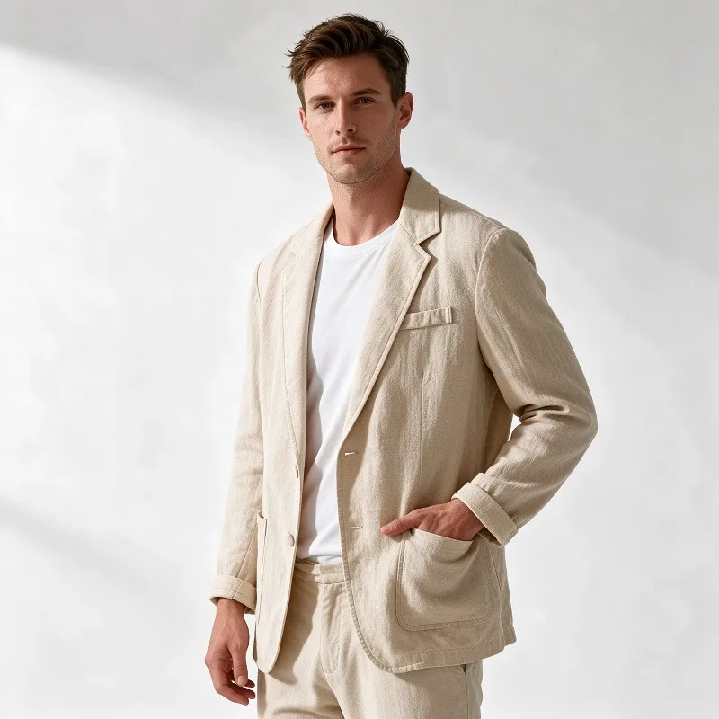 Men's Casual Blazer Linen Cotton Notched Lapel Single Breasted Slim Fit Spring Summer Office Jacket With Pockets Daily Wear