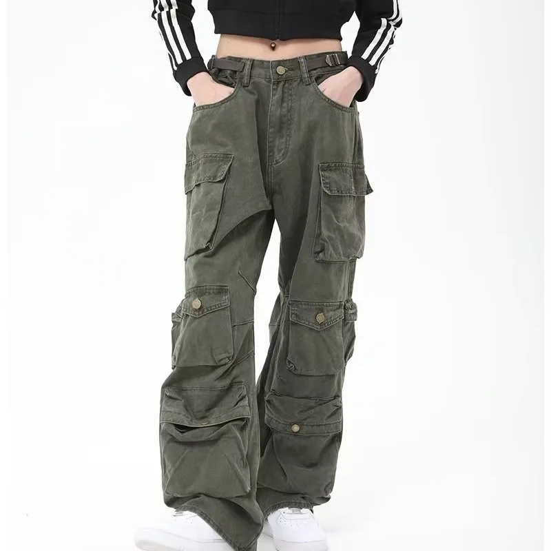 

Винтажные потертые джинсы-карго больших размеров для женщин, потертые джинсовые брюки большого размера с множеством карманов, повседневные уличные брюки