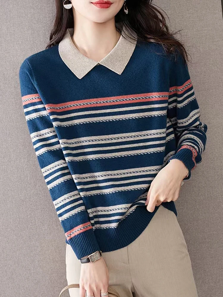 Korean Fashion Sweaters For Women Long Sleeve Knitted Tops Casual Striped Pullovers Sweater 2023 Autumn Winter Womens Clothing