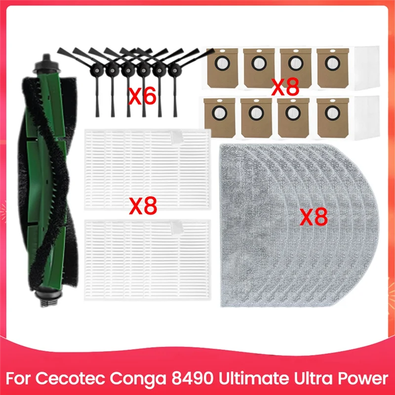 M02K-For Cecotec Conga 8490 قطع غيار فائقة القوة فرشاة رئيسية فرشاة جانبية فلتر HEPA ممسحة قماش كيس لجميع الغبار