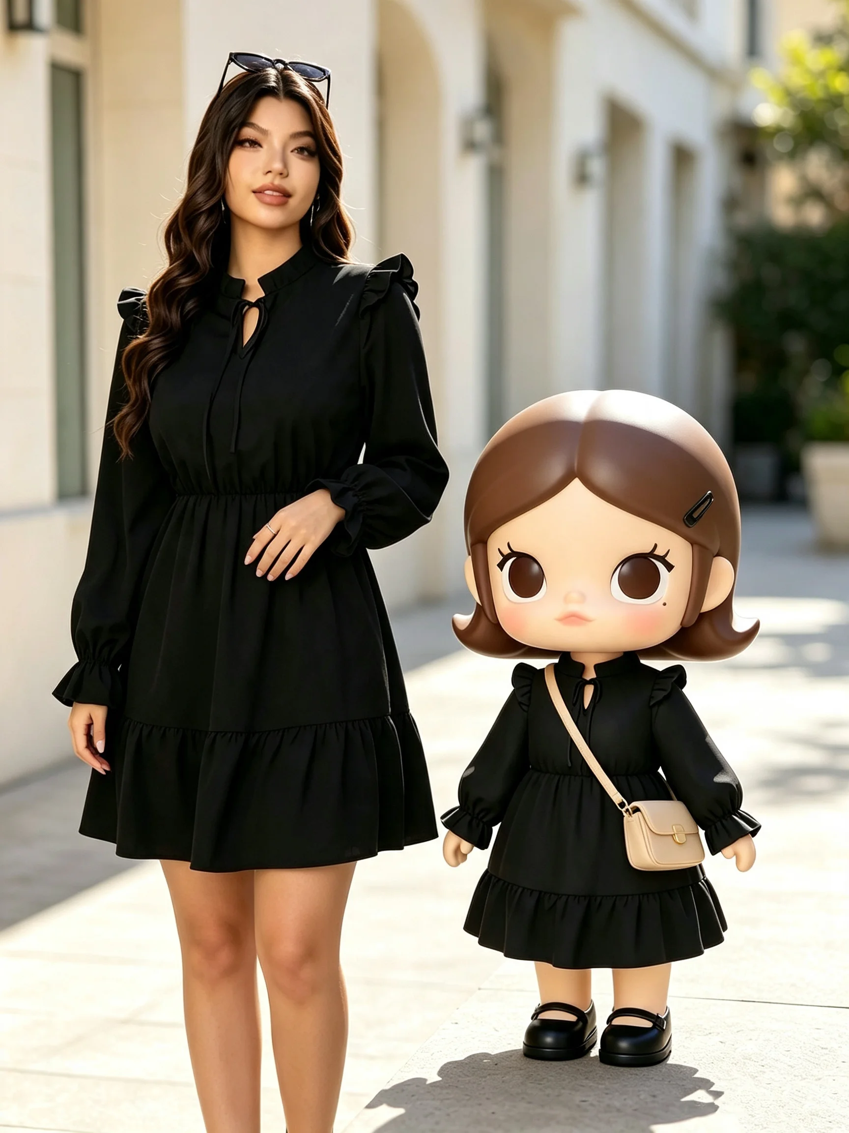 plus Size Black Dress French Casual Elegant Gentle Style Stand up Collar Ruffled Edge Waist Cinched Tea Break Skirt
