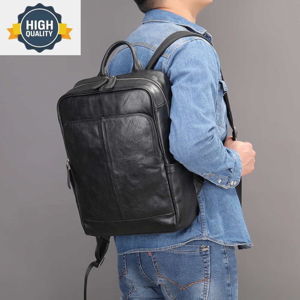 

School Caual Men's Backpack Genuine Leather Black Handheld Unisex Laptop 14 inch Travel Classic s For Men