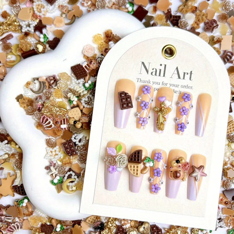 50pcs Resin Coffee Hollow Pearl Bow Biscuits Cartoon Nail Art Jewelry Phone Case Hairpin Diy Decoration Material Accessory