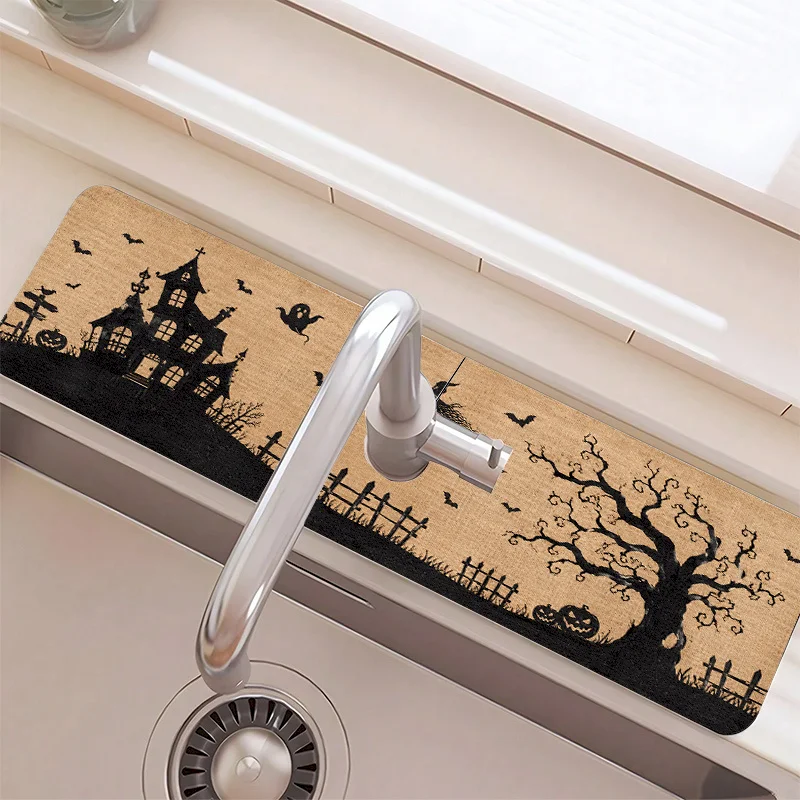 VIKAMA Halloween Black House Faucet Floor Mat Kitchen Absorbent Non Slip Mat Terrifying Atmosphere Floor Mat Home Decoration