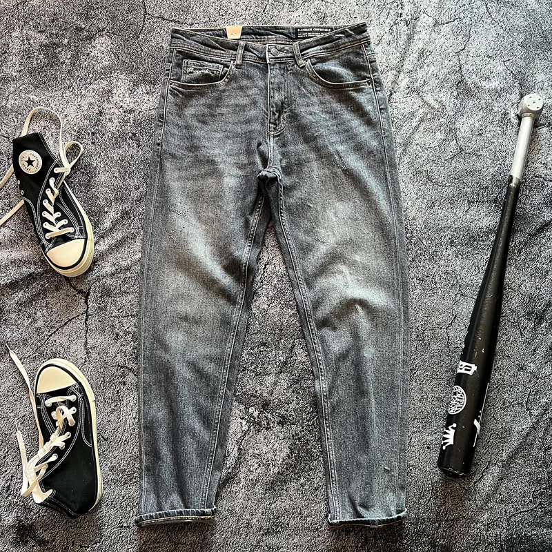 

Vintage Waed Loose Fit Men's Jeans Deep ey Cotton Stretch Retro Sle Straight Leg Trousers Casual Long Pants