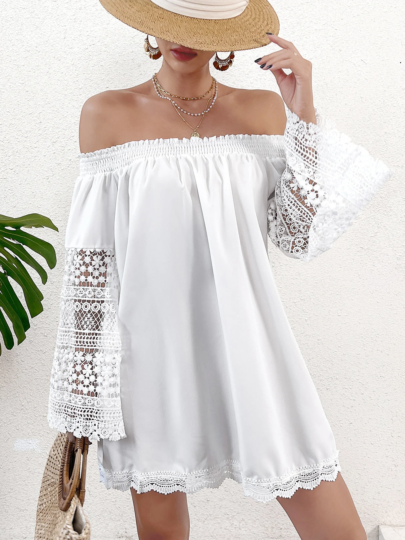 Women's One Shoulder Skirt Mini Short Skirt White Lace Knitted Long sleeved Solid Summer Elegant Ball Dress