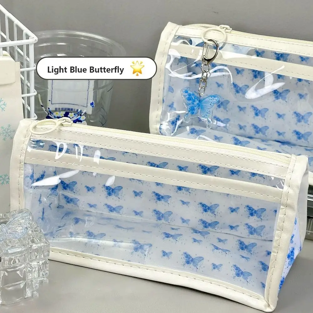 High Quality Floral Print Pen Bag Double Layer Transparent Pencil Case Large Capacity Pen Pouch Students