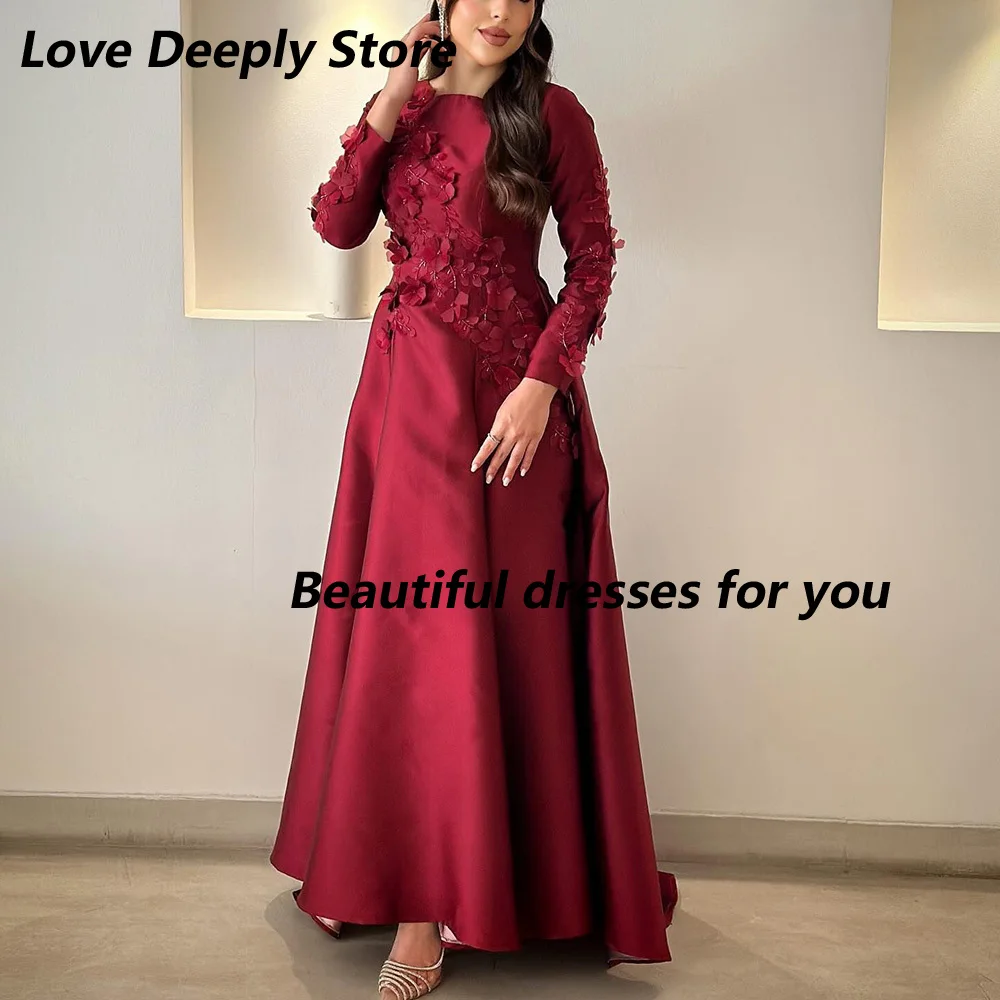 

Elegant Evening Dress Customized Round Neck Long Sleeves Beading Flowers A Line Saudi Prom Gown Wedding Party Dresses