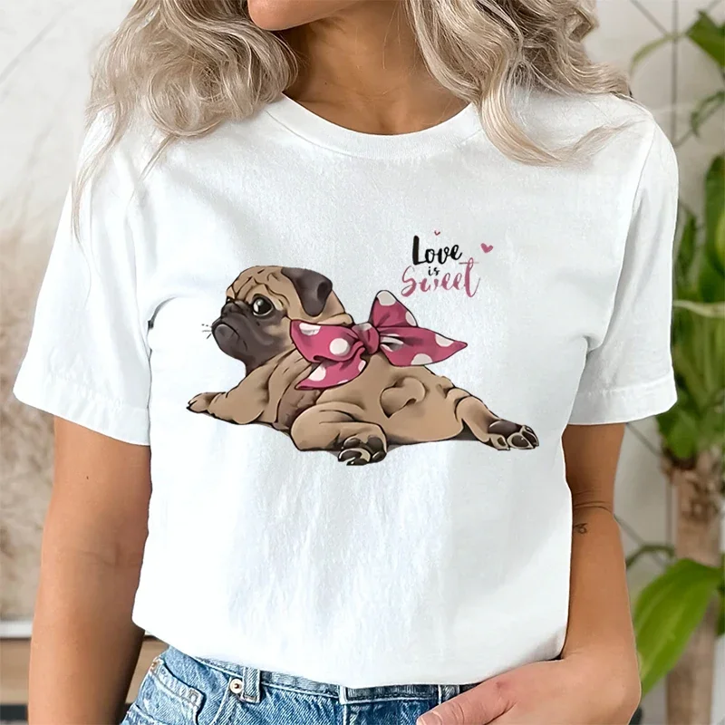 Woman Funny T Shirts Pug Lovers Gifts Fashion Woman Blouse Round Neck Dog Lover T-Shirt Cute Pugs Summer Short Sleeve T-shirts