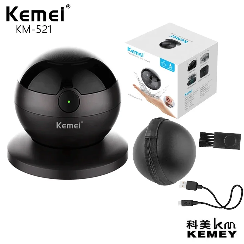 Kemei KM-521 alat cukur elektrik Mini pria, alat cukur penampilan bulat dengan dasar magnetik, pisau cukur profesional