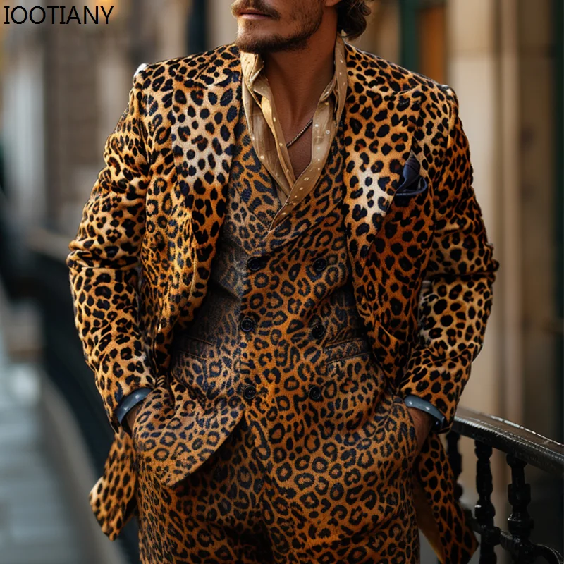 Men Vintage Leopard 3D Printed Suit Casual Long Sleeve Animal Blazer With Pants Two-piece Casual Prom Suits Customized For Party