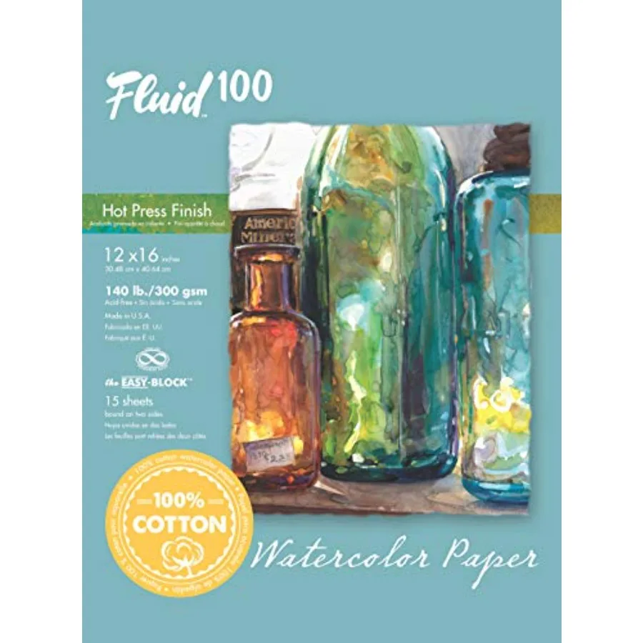 

Fluid 100 Watercolor Paper Block 12 x 16 inches 15 Sheets 140 lb 300 GSM 100% Cotton Hot Press Pad for Artist Painting and Wet