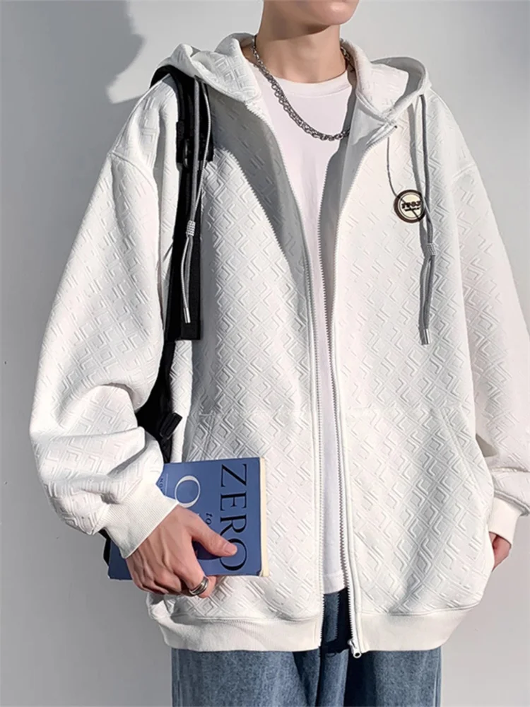 White Textured Open Cardigan Hoodie Men's Spring Autumn Heavyweight Zhongshan Jacket American Retro Trendy Brand Hooded Sweat...