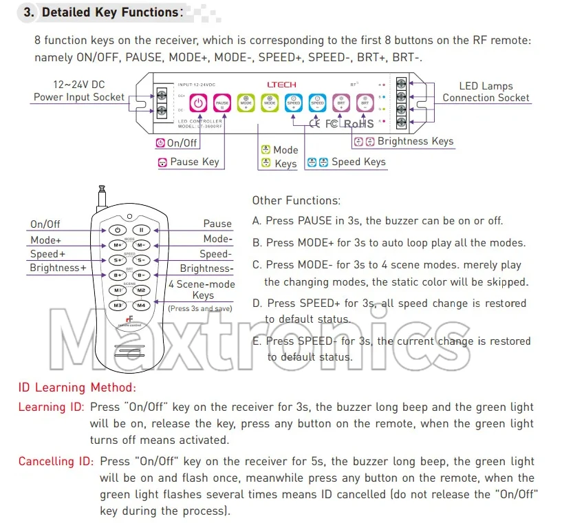 LTECH LT-3600RF Led Constant Voltage RGB Controller RF 2.4G Wireless 12-24V Input 6A/CH 18A 3 Channel for RGB LED Strip/ Modules