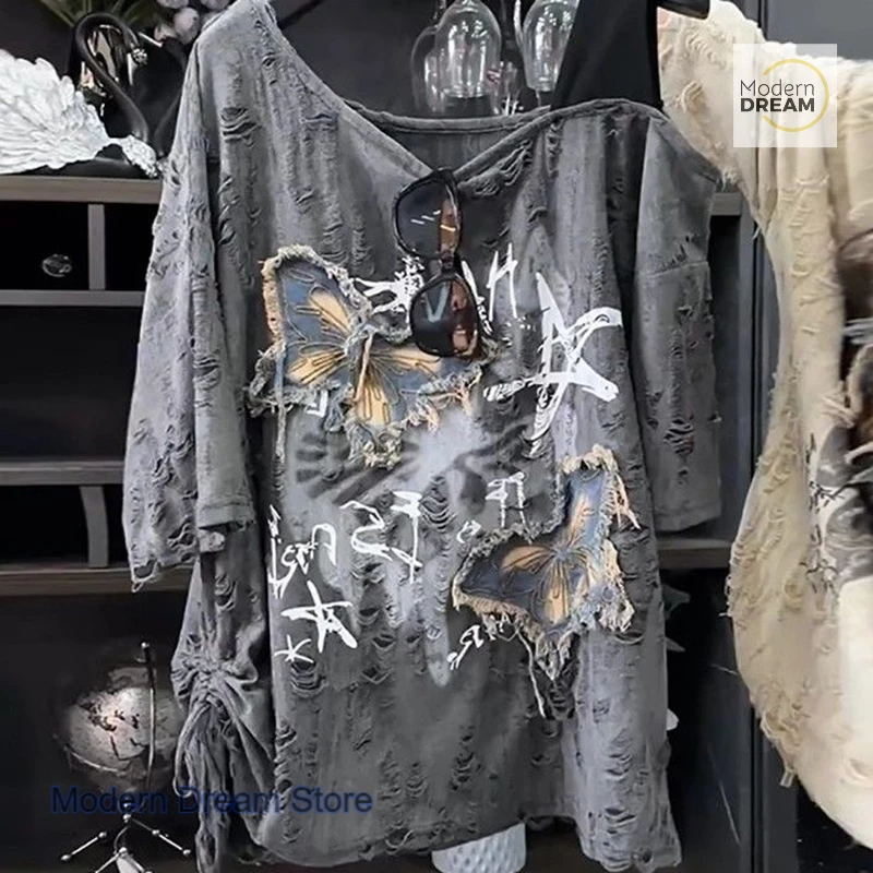 American sweet wind butterfly patch embroidery word big diagonal shoulder short sleeve T-shirt women's summer loose design top