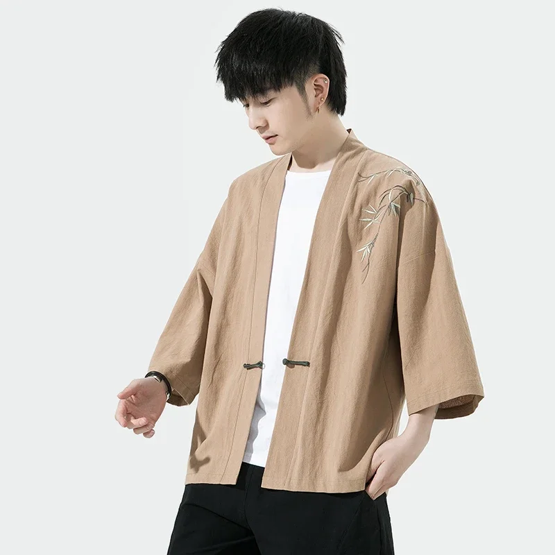 Unisex 3D Print Bamboo Pattern Haori Kimono Cardigan Summer 3/4 Sleeve Chinese Frog Button Open Front Coat