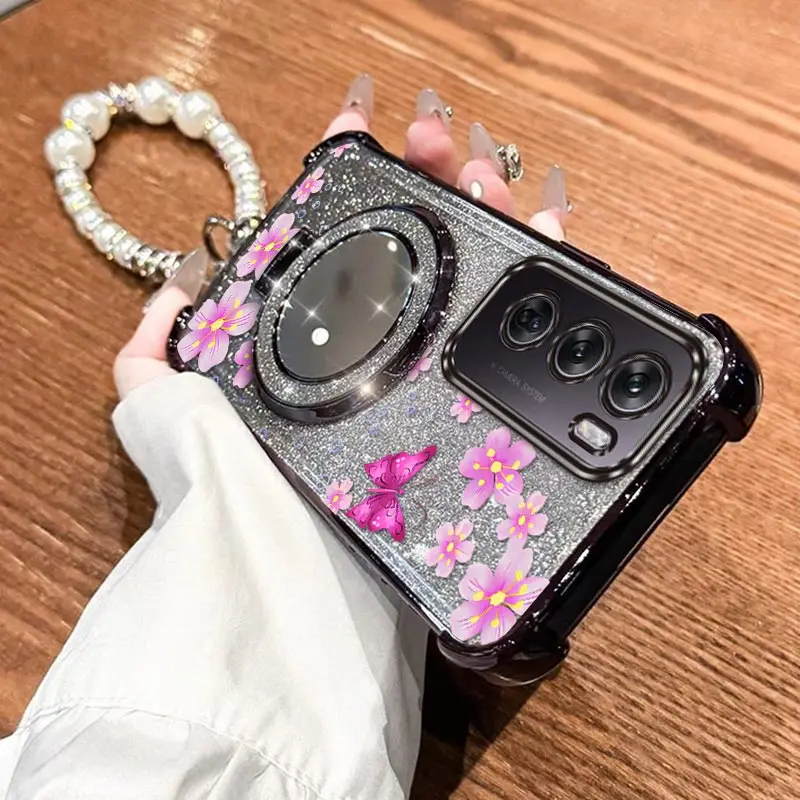 

Reno 12Pro Pink butterfly Plating Bracelet Holder Phone Case For OPPO Reno 12Pro 13Pro 11Pro 11 13 13F 12F 12 10Pro 11F 10 Cover