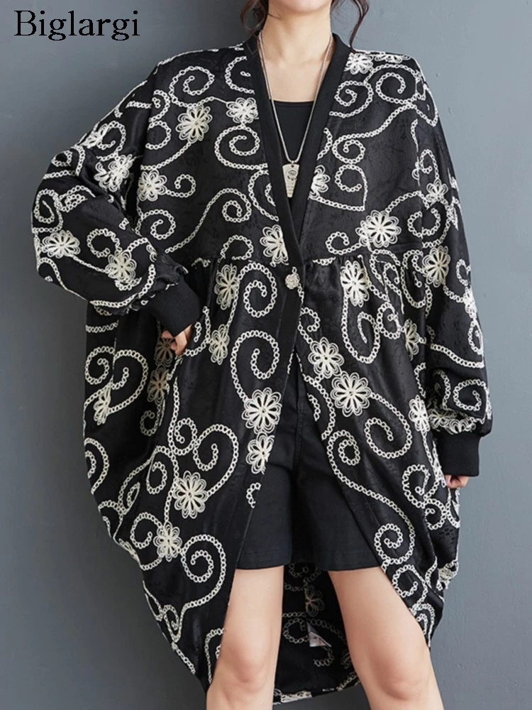 

Floral Embroidery Fashion Irregular Ladies Oversized Jackets Autumn Trench Coat Women Loose Pleated Casual Woman Midi Coats